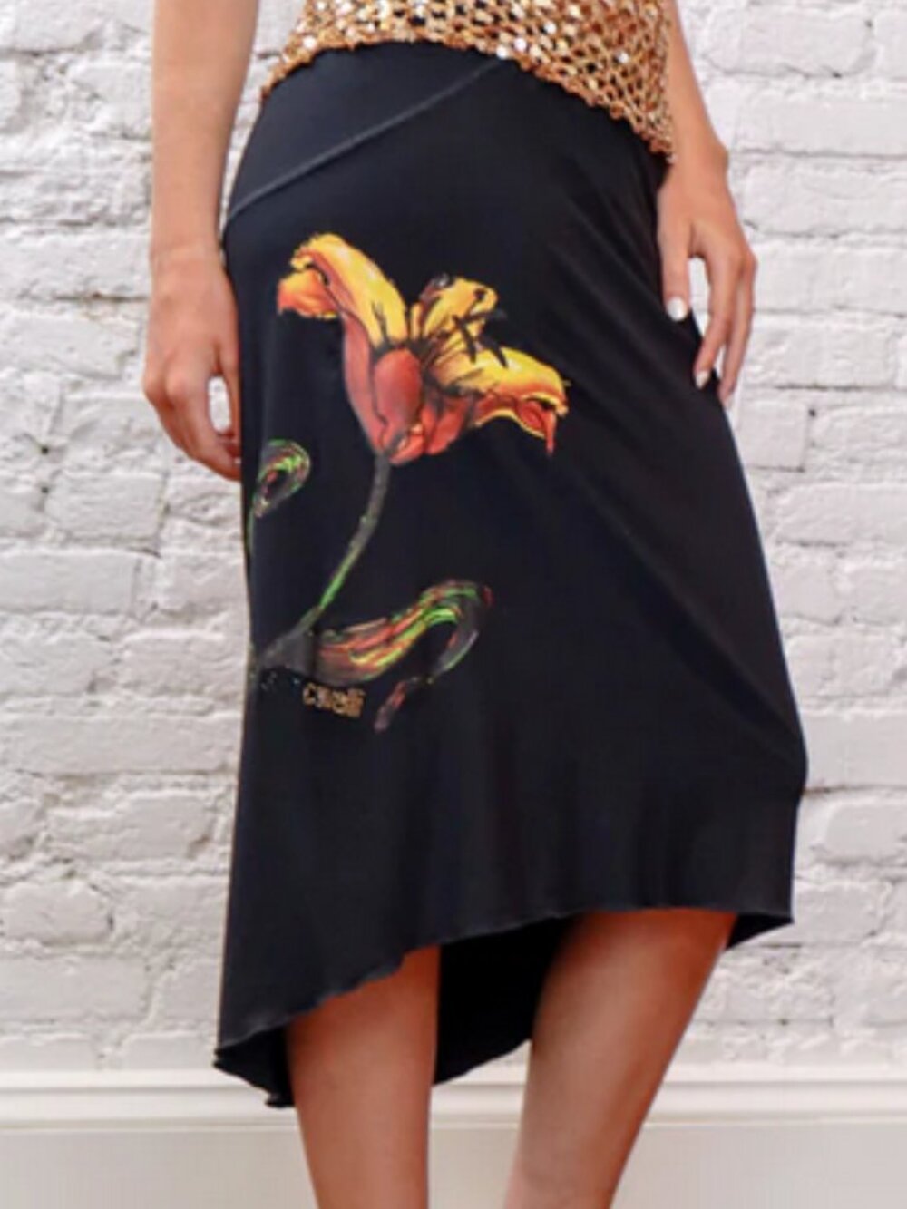 Just Cavalli Black Asymmetrical Skirt with Yellow-Orange Floral Print
